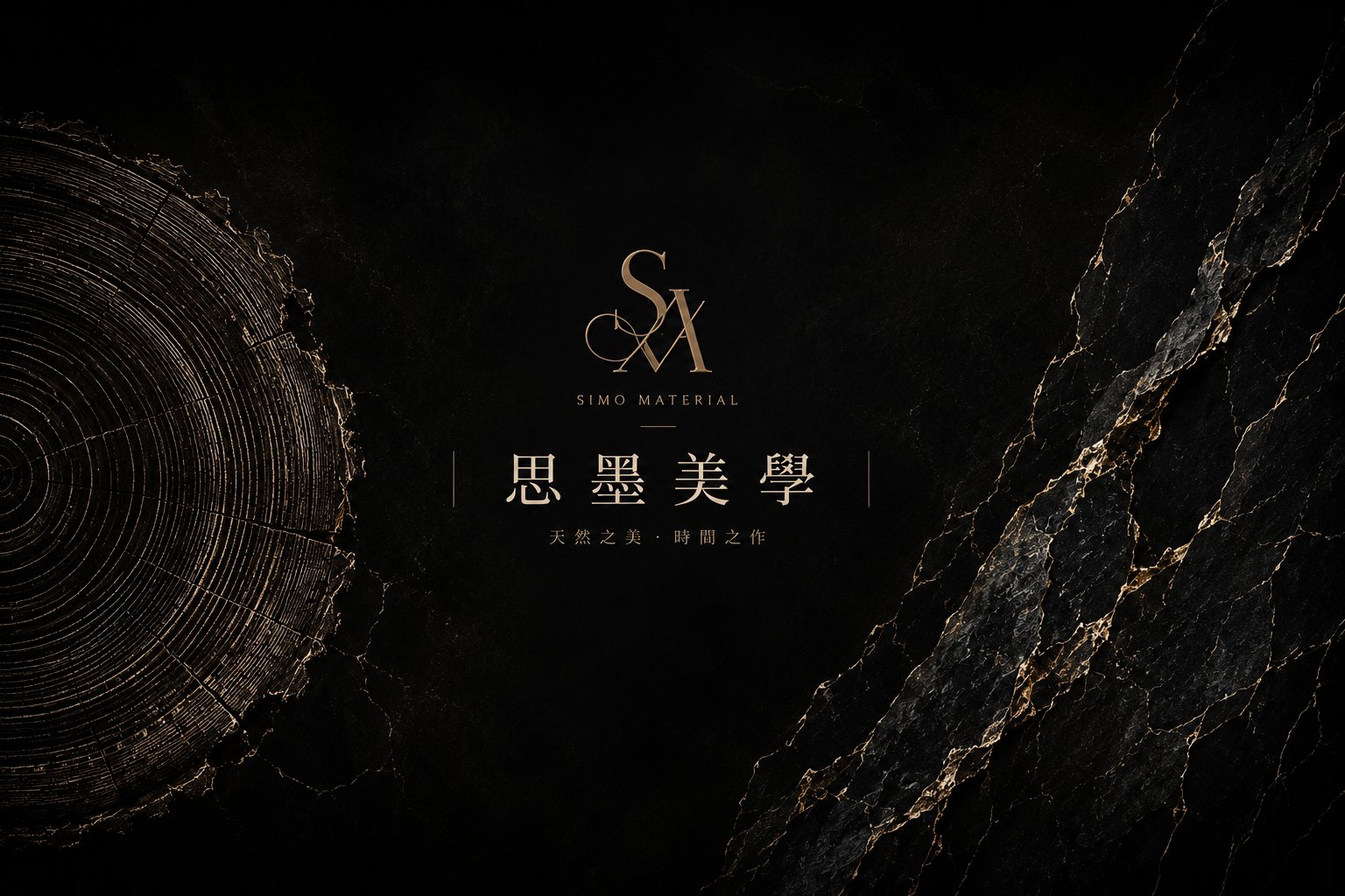 思墨美學品牌形象照，左側為金色年輪木紋，右側為黑金大理石紋，中央為思墨美學金色標誌與標語「天然之美・時間之作」